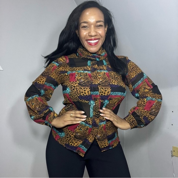 Vintage maximalist leopard top animal patchwork AOP blouse mobwife eccentric art - Picture 1 of 9